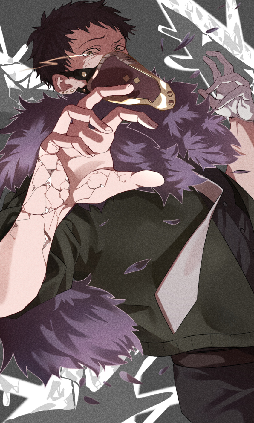 1boy black_pants boku_no_hero_academia commentary_request cracked_skin ear_piercing feather_trim feathers gloves green_jacket highres jacket male_focus mask mouth_mask necktie overhaul_(boku_no_hero_academia) pants partial_commentary piercing plague_doctor_mask purple_feathers short_hair single_glove solo very_short_hair white_gloves white_necktie zingai_sanx