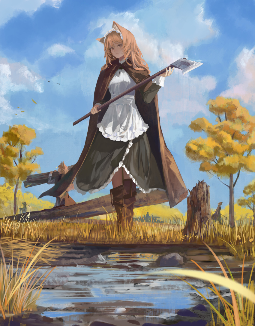 1girl absurdres animal_ear_fluff animal_ears apron axe bird blue_sky brown_cape brown_eyes brown_hair cape carrying closed_mouth cloud commentary_request copyright_request day dress full_body glint green_dress hand_up highres holding holding_axe jenmin12 long_hair long_sleeves looking_at_viewer maid_headdress outdoors sky solo_focus standing tree white_apron