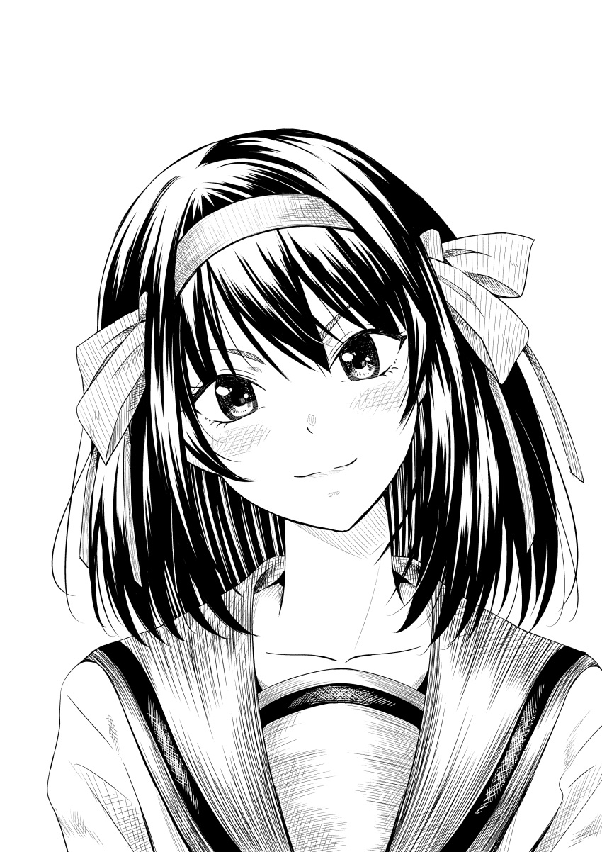 1girl absurdres blush close-up closed_mouth collarbone commentary greyscale hair_between_eyes hairband hatching_(texture) head_tilt highres kita_high_school_uniform light_smile monochrome nishijo45 portrait sailor_collar school_uniform serafuku short_hair simple_background smile solo suzumiya_haruhi suzumiya_haruhi_no_yuuutsu v-shaped_eyebrows white_background