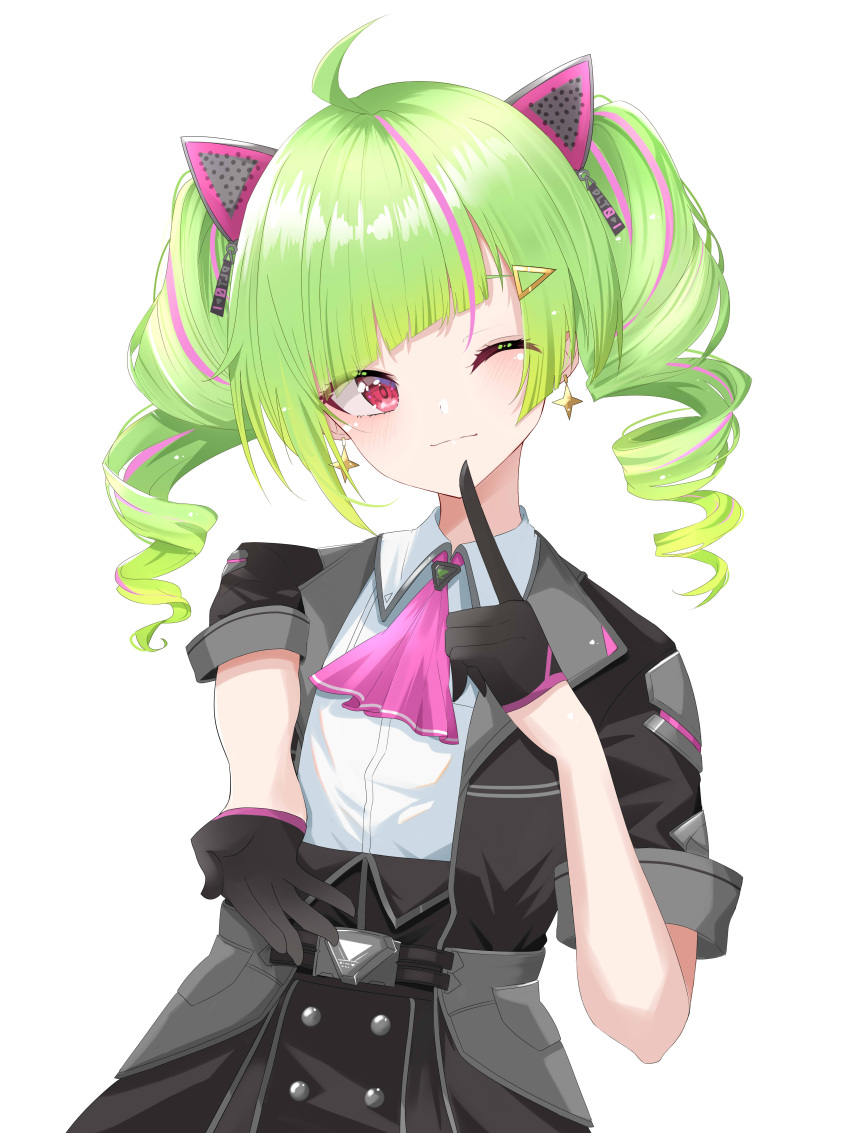 1girl absurdres delutaya dreamoon drill_hair gloves green_hair highres indie_virtual_youtuber red_eyes twin_drills utaite virtual_youtuber