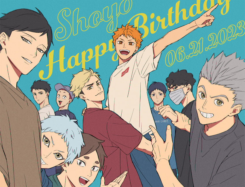 6+boys :d akairo_(chooop) anger_vein arm_up baseball_cap black_eyes black_hair black_shirt blonde_hair blue_background blue_hair blue_headwear blue_shirt bokuto_koutarou brown_eyes brown_hair brown_shirt character_name character_request closed_mouth clothes_writing commentary_request dark_blue_hair dated expressionless green_shirt grey_eyes grey_hair grey_shirt grin haikyuu!! hand_up hands_up happy_birthday hat highres hinata_shouyou holding_another's_wrist index_finger_raised jitome looking_at_viewer looking_to_the_side male_focus mask miya_atsumu mouth_mask multiple_boys oikawa_tooru_(haikyuu!!) open_mouth orange_eyes orange_hair parted_bangs parted_lips red_hair red_shirt sakusa_kiyoomi shirt short_eyebrows short_hair short_sleeves simple_background smile spiked_hair swept_bangs t-shirt teeth tendou_satori thick_eyebrows tongue undercut upper_teeth_only ushijima_wakatoshi v-shaped_eyebrows white_mask white_shirt wide-eyed