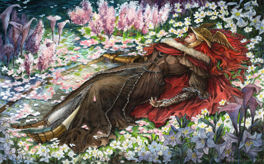 1girl brown_dress brown_skirt cape covered_eyes dress elden_ring field flower flower_field fur_collar gold_armor golden_sword helmet helmet_over_eyes highres holding holding_sword holding_weapon katana lily_(flower) liuyuart long_hair long_sword lying malenia_blade_of_miquella multiple_scars on_ground painting_(medium) prosthesis prosthetic_arm prosthetic_leg red_cape red_hair scar scar_on_arm scar_on_hand skirt sword traditional_media valkyrie water watercolor_(medium) weapon wetland winged_helmet