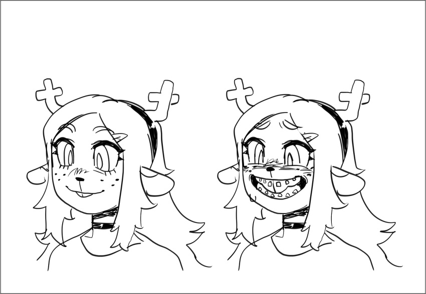 2023 accessory anthro black_and_white braces buckteeth deer deltarune drizzlingprince freckles_on_face grin hair_accessory hairband mammal monochrome new_world_deer noelle_holiday reindeer showing_teeth smile teeth undertale_(series)