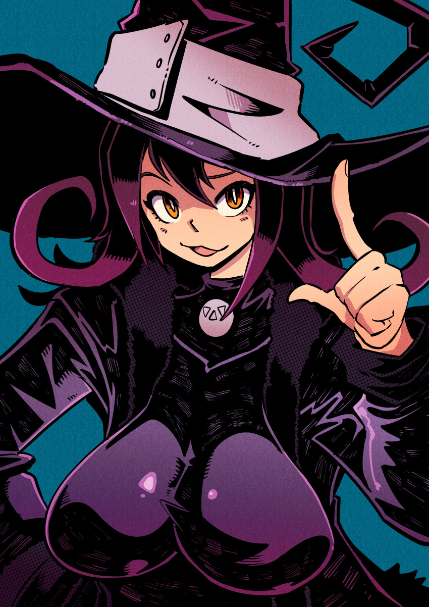 1girl :3 absurdres aqua_background bare_shoulders black_dress black_headwear black_jacket blair_(soul_eater) breasts dress flipped_hair fur_trim hair_between_eyes halloween hat highres impossible_clothes index_finger_raised jacket large_breasts looking_at_viewer open_mouth purple_hair skin_tight solo soul_eater vakodraws witch witch_hat yellow_eyes