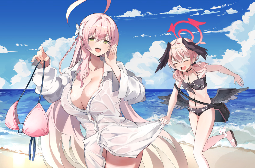 2girls absurdres ahoge beach bikini black_bikini black_wings blue_archive blush breasts cleavage feathered_wings halo hanako_(blue_archive) hanako_(swimsuit)_(blue_archive) highres holding holding_clothes holding_swimsuit huge_ahoge huge_breasts koharu_(blue_archive) koharu_(swimsuit)_(blue_archive) long_hair looking_at_viewer md5_mismatch multiple_girls naked_shirt naseul_777 no_halo official_alternate_costume outdoors oversized_clothes oversized_shirt pink_hair shirt smile swimsuit unworn_bikini_top very_long_hair white_shirt wings