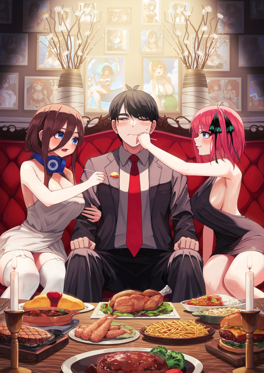 1boy 2girls bare_arms bare_shoulders black_dress black_hair blue_eyes breasts brown_hair burger butterfly_hair_ornament candle chicken_(food) chips_(food) cleavage couch curry curry_rice dress feeding flower_pot food go-toubun_no_hanayome hair_ornament hamburger_steak harem headphones highres hiyoku large_breasts light_smile looking_at_another looking_to_the_side multiple_girls nakano_itsuki nakano_miku nakano_nino nakano_yotsuba omelet omurice one_eye_closed orange_eyes picture_(object) pink_hair portrait potato_chips red_tie rice salad short_hair sleeveless sleeveless_dress spoon sweatdrop table thighhighs thighs uesugi_fuutarou white_dress white_thighhighs