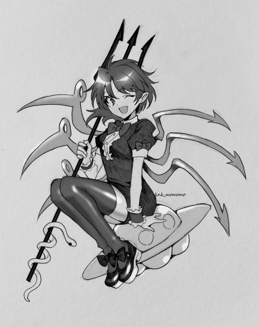 1girl absurdres asymmetrical_wings dress full_body greyscale highres houjuu_nue kamenozoki_momomo monochrome one-hour_drawing_challenge one_eye_closed open_mouth pointy_ears polearm shoes short_sleeves signature simple_background smile solo thighhighs touhou trident twitter_username weapon white_background wings
