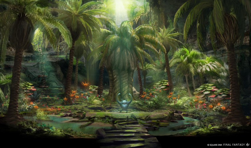 artist_request company_name copyright copyright_name day final_fantasy final_fantasy_xiv highres ladder landscape light_rays monster no_humans official_art outdoors palm_tree plant rock scenery sunbeam sunlight tree water