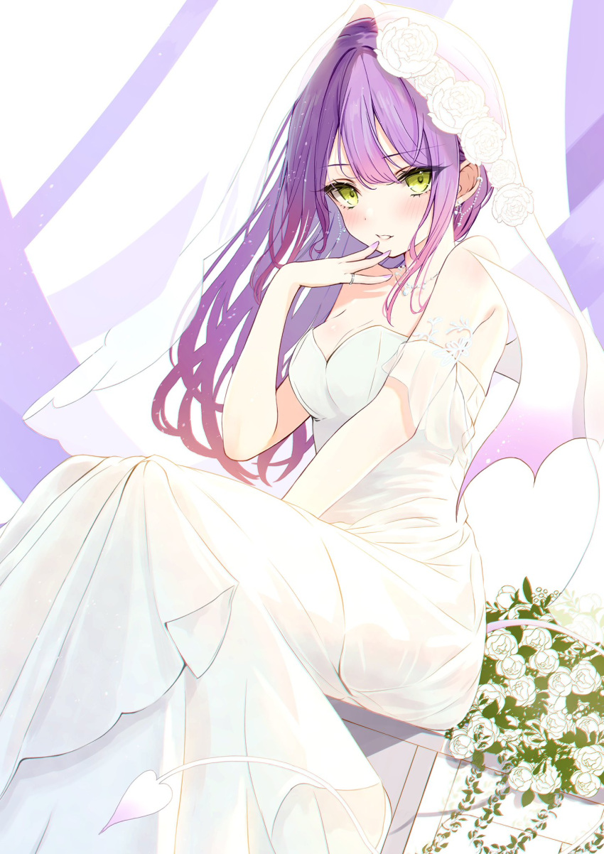 1girl alternate_costume bare_shoulders blush breasts bridal_veil cleavage commentary cross demon_girl demon_tail demon_wings dot_nose dress ear_chain earrings english_commentary fingernails flower gradient_hair green_eyes hand_up highres hololive jewelry large_breasts long_dress long_hair looking_at_viewer multicolored_hair nail_polish necklace off-shoulder_dress off_shoulder parted_lips pink_hair pointy_ears purple_hair purple_nails ring rose sitting solo streaked_hair tail teeth tokoyami_towa totuoooo1015 veil virtual_youtuber wedding_dress white_dress white_flower white_rose wings