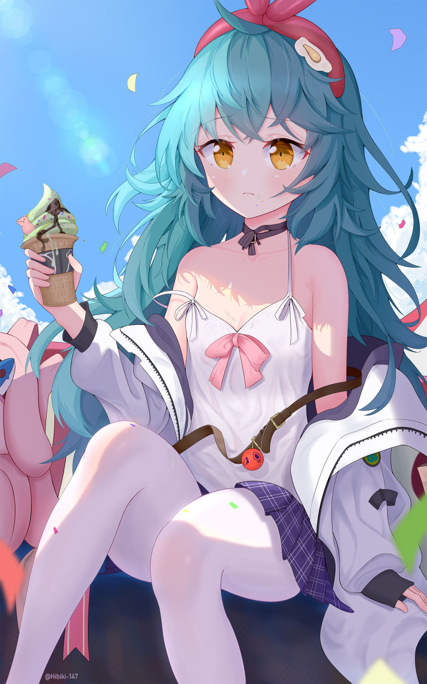 1girl absurdres ahoge antonina_(neural_cloud) blue_sky blush breasts day egg_hair_ornament feet_out_of_frame food-themed_hair_ornament frown girls'_frontline girls'_frontline_neural_cloud green_hair hair_ornament hairband hibiki-147 highres holding_ice_cream_cone jacket lens_flare long_hair long_sleeves melting off_shoulder open_clothes open_jacket outdoors pantyhose petals plaid plaid_skirt purple_skirt red_hairband sitting skirt sky small_breasts solo strap_slip tank_top twitter_username very_long_hair white_jacket white_pantyhose white_tank_top