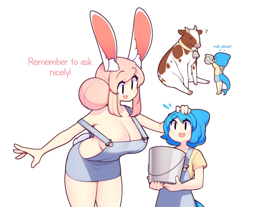2girls ? animal_ear_fluff animal_ears black_eyes blue_hair breasts bucket cleavage cow english_text fins fish_tail fiz_(fizintine) fizintine hair_bun hand_on_another's_head holding large_breasts multiple_girls multiple_views naked_overalls open_mouth original overalls pink_hair rabbit_ears rabbit_tail shark_girl shark_tail shirt short_hair simple_background single_hair_bun tail tori_(fizintine) white_background yellow_shirt