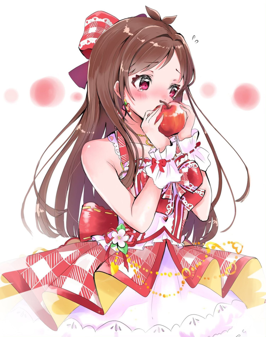 1girl antenna_hair apple bare_shoulders blush bow bowtie brown_hair collarbone dress flying_sweatdrops food frilled_dress frills fruit hair_ribbon hands_up highres holding holding_food holding_fruit idolmaster idolmaster_cinderella_girls idolmaster_cinderella_girls_starlight_stage layered_dress long_hair looking_away plaid plaid_dress red_bow red_bowtie red_dress red_ribbon ribbon sash scrunchie simple_background sleeveless sleeveless_dress solo tears tsujino_akari white_background yuanagae