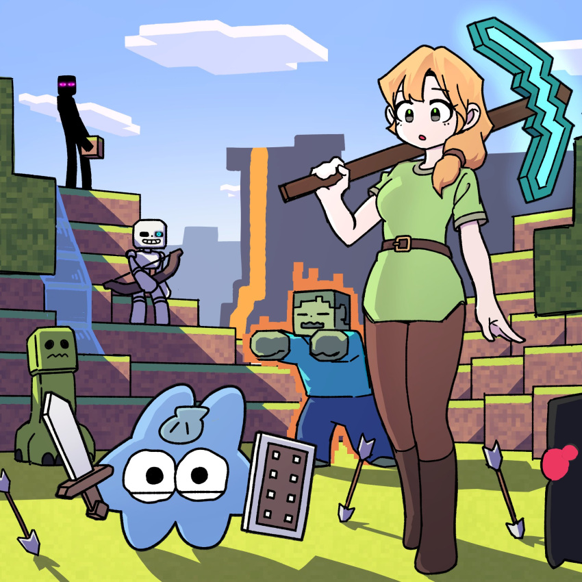 1girl 1other alex_(minecraft) arrow_(projectile) belt boots bow_(weapon) brown_pants creeper day enderman full_body green_eyes green_shirt highres hongya_(hongyatta) hongyatta long_hair minecraft minecraft_pickaxe orange_hair original outdoors pants shirt short_sleeves skeleton_(minecraft) sky standing weapon zombie_(minecraft)