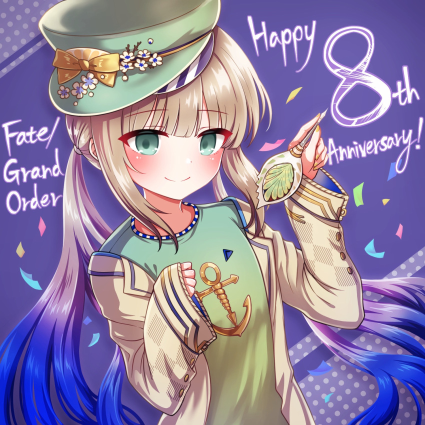 1boy alternate_color_hat alternate_costume anchor_symbol blonde_hair blue_background captain_nemo_(fate) dart english_text fate/grand_order fate_(series) flower flower_in_hat green_eyes green_headwear green_shirt happy_anniversary hat hat_flower highres holding_dart jacket light_blush male_focus nemo_(fate) open_clothes open_jacket otoko_no_ko shell shell_ocean shirt sleeves_past_wrists smile solo very_long_sleeves