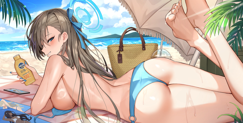 1girl alternate_costume ass asuna_(blue_archive) barefoot beach beach_umbrella bikini bikini_top_removed blue_archive blue_bikini blue_sky blush bottle breasts brown_hair cellphone day feet highres holding large_breasts long_hair looking_at_viewer looking_back lotion lying o-ring o-ring_bikini o-ring_bottom ocean on_stomach outdoors palm_tree phone pine_(angel4195202) ribbon sand sideboob sky smartphone smile solo string_bikini sunscreen swimsuit the_pose thighs toes tree umbrella untied_bikini water