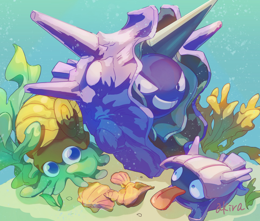 akira_(akira_art_poke) black_eyes cloyster commentary_request grin highres no_humans omanyte pokemon pokemon_(creature) sand seashell seaweed shell shellder signature smile teeth tongue underwater