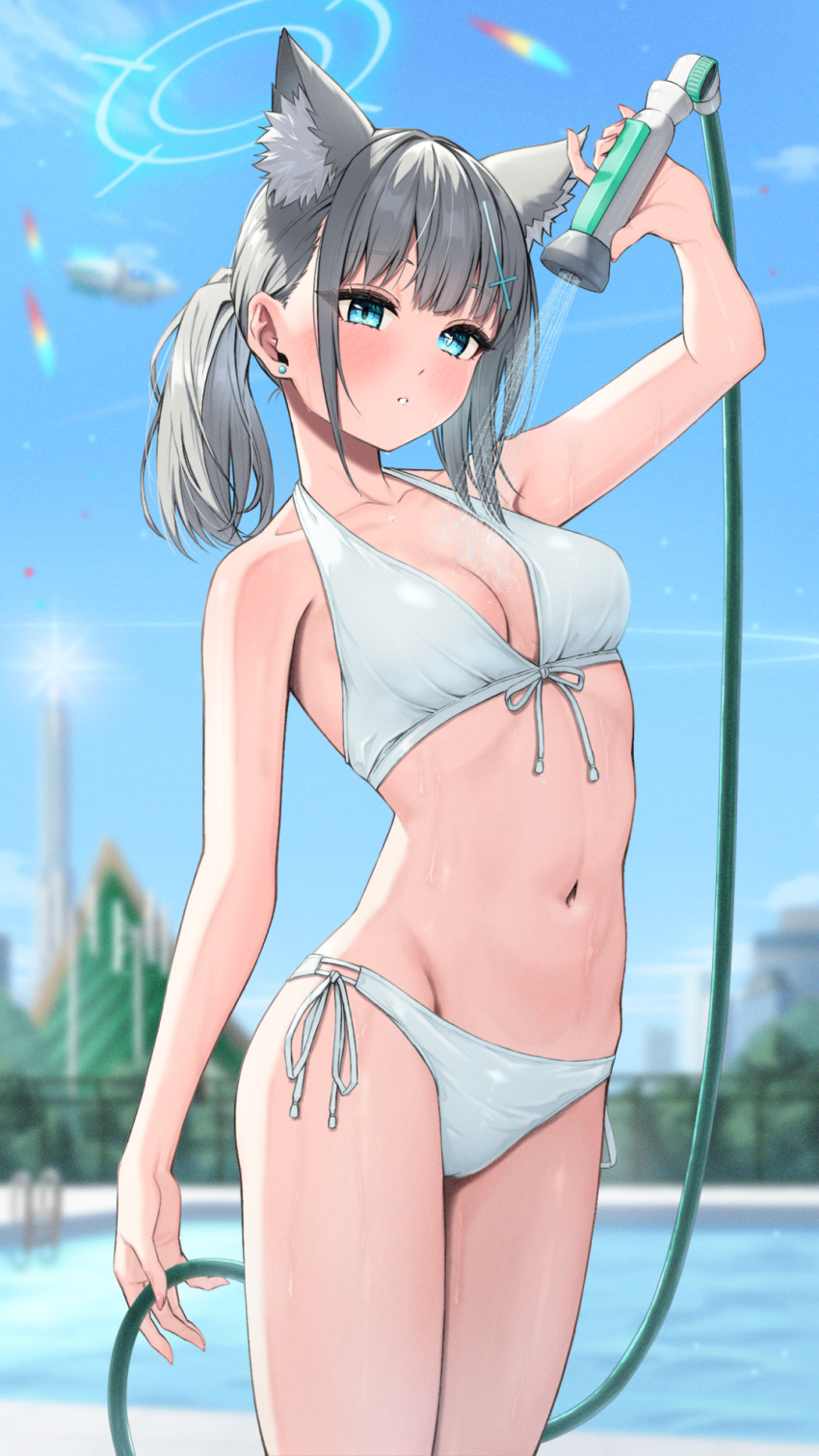 1girl alternate_costume animal_ear_fluff animal_ears bikini blue_archive blue_eyes blue_halo blue_sky bowsan breasts commentary cross_hair_ornament day earrings extra_ears front-tie_bikini_top front-tie_top grey_hair hair_ornament halo highres holding holding_shower_head jewelry long_hair looking_at_viewer medium_breasts mismatched_pupils navel outdoors parted_lips ponytail poolside shiroko_(blue_archive) shower_head side-tie_bikini_bottom sky solo stud_earrings swimsuit white_bikini wolf_ears