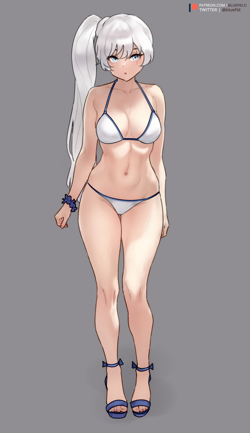 1girl :o absurdres bare_legs bikini bluefield breasts duplicate english_commentary full_body grey_background grey_eyes high_heels highres legs medium_breasts navel parted_lips patreon_username photoshop_(medium) rwby sandals scar scar_across_eye scar_on_face scrunchie side_ponytail simple_background solo stomach strappy_heels swimsuit thighs toenails toes twitter_username weiss_schnee white_bikini white_hair wrist_scrunchie