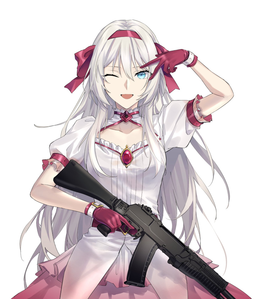 1girl ;d an-94 an-94_(girls'_frontline) assault_rifle blue_eyes breasts cleavage_cutout clothing_cutout collarbone dress girls'_frontline gloves gun hair_ribbon hand_up highres holding holding_weapon long_hair one_eye_closed open_mouth puffy_sleeves red_dress red_gloves red_ribbon ribbon rifle short_sleeves simple_background small_breasts smile solo suprii trigger_discipline two-tone_dress v very_long_hair weapon white_background white_dress white_hair