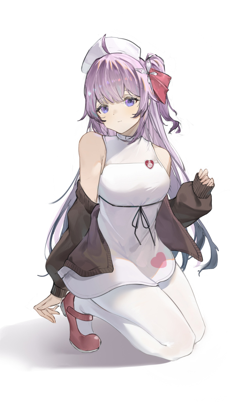 1girl absurdres ahoge azur_lane bare_shoulders brown_cardigan cardigan closed_mouth dress flantia full_body hair_ornament hair_ribbon hand_up hat heart highres kneeling long_hair long_sleeves looking_at_viewer mary_janes nurse_cap off_shoulder official_alternate_costume one_side_up pantyhose pink_footwear pink_ribbon purple_eyes purple_hair ribbon shoes simple_background sleeveless sleeveless_dress smile solo unicorn_(angel's_care_time)_(azur_lane) unicorn_(azur_lane) white_background white_dress white_pantyhose