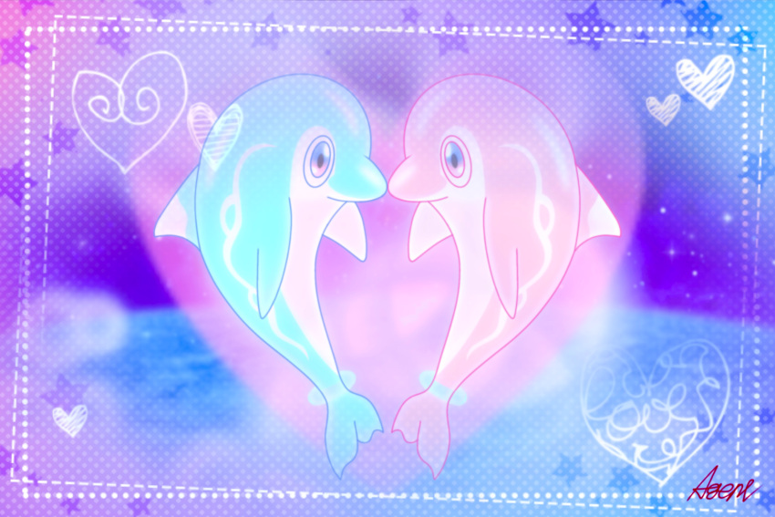 &lt;3 2023 3:2 abstract_background agent_0730 ambiguous_gender blue_body blue_eyes countershade_torso countershading digital_media_(artwork) dorsal_fin duo feral fin finizen generation_9_pokemon hi_res marine markings multicolored_body nintendo nude pink_body pokemon pokemon_(species) shaded signature snout soft_shading tail