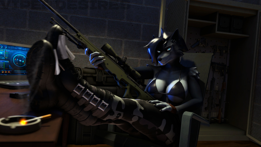 16:9 2023 3d_(artwork) anthro ashtray big_breasts black_body black_bra black_clothing black_fur black_hair black_underwear blue_eyes boots bottomwear bra breasts camo camo_bottomwear camo_clothing camo_pants camo_print canid canine canis cigarette claws cleavage clothed clothing computer detailed_background digital_media_(artwork) feet_up female fingerless_gloves fingers footwear fur gloves grey_body grey_fur gun gun_cabinet hair handwear hi_res inside katie_(viper-desires) laptop looking_at_viewer mammal military multicolored_body multicolored_fur pants pattern_bottomwear pattern_clothing pattern_pants ranged_weapon rifle short_hair sitting sniper_rifle solo source_filmmaker two_tone_body two_tone_fur under_boob underwear viper-desires weapon widescreen wolf