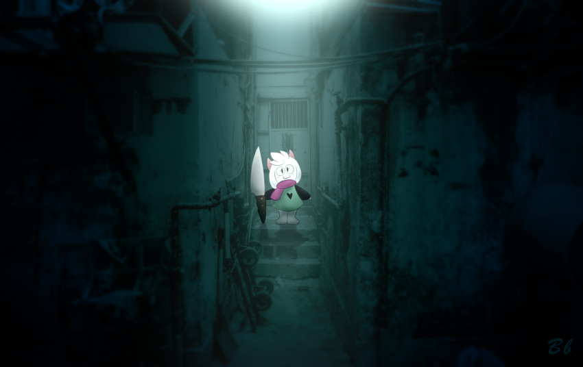alley anthro back_alley bingbingo_(artist) bovid caprine clothing deltarune dim_lighting eyewear fur glasses goat green_clothing green_eyewear green_glasses green_robe hi_res holding_object holding_weapon horn knife male mammal photo_background photography_(artwork) pink_horn pink_scarf ralsei robe scarf signature smile solo undertale_(series) weapon white_body white_fur