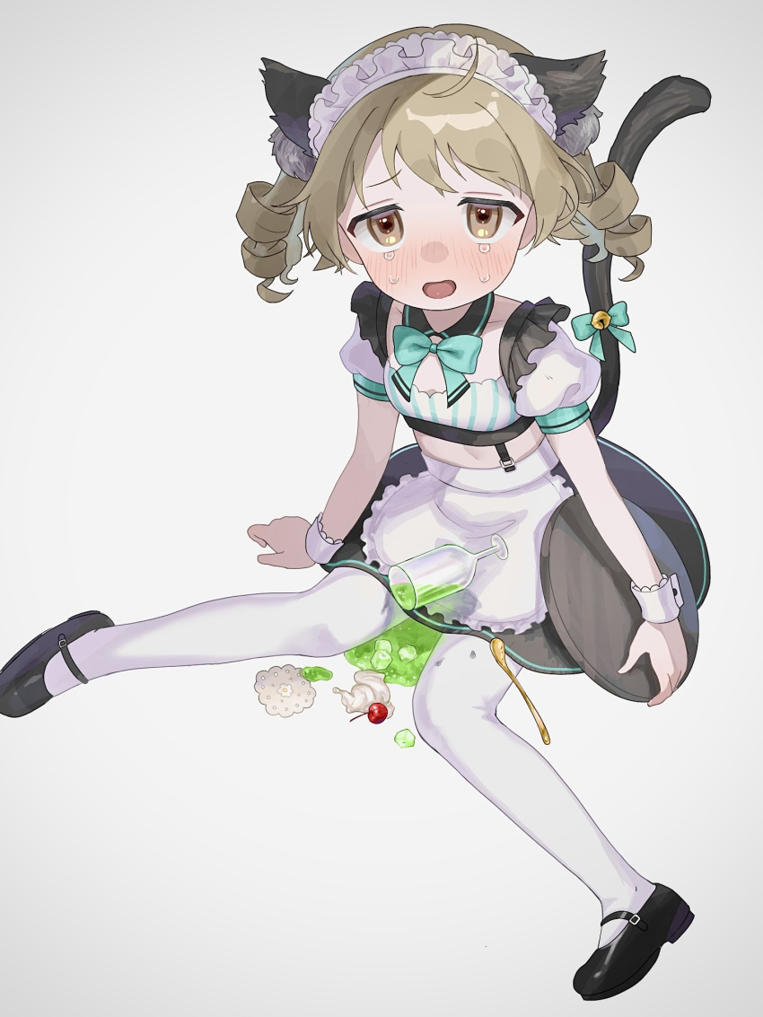 1girl alternate_costume animal_ears apron aqua_bow aqua_ribbon bell black_footwear black_skirt blush bow breasts brown_eyes cat_ears cat_tail cherry commentary_request crying crying_with_eyes_open detached_collar enmaided fallen_down food frilled_apron frills fruit glass grey_background highres holding holding_tray ice_cream ice_cream_float idolmaster idolmaster_cinderella_girls kemonomimi_mode light_brown_hair looking_at_viewer maid maid_headdress mary_janes melon_soda midriff monemasu morikubo_nono neck_ribbon open_mouth pantyhose puffy_short_sleeves puffy_sleeves ribbon ringlets shoes short_sleeves simple_background skirt small_breasts solo spill tail tail_bell tail_bow tail_ornament tareme tears tray waist_apron white_pantyhose wrist_cuffs