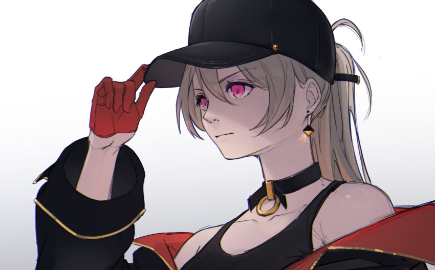 1girl azur_lane bare_shoulders baseball_cap black_choker black_headwear black_jacket choker closed_mouth collarbone crop_top earrings gloves hair_between_eyes hair_through_headwear hand_on_headwear hand_up hat hatski.sin highres jacket jean_bart_(azur_lane) jewelry light_brown_hair long_hair long_sleeves multicolored_clothes multicolored_jacket off_shoulder pink_eyes red_gloves red_jacket simple_background two-tone_jacket upper_body white_background