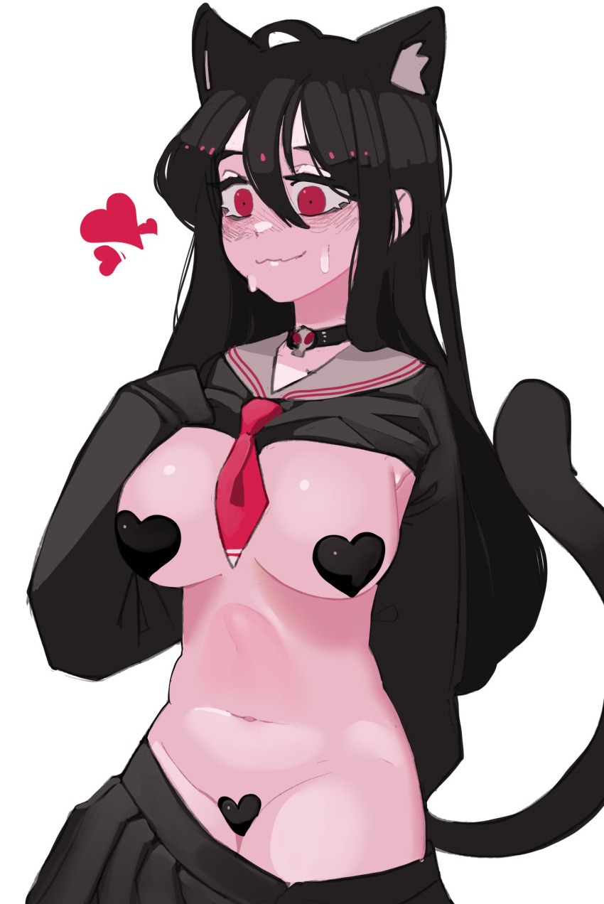 1girl animal_ears bbizim03 black_hair black_skirt blush breasts cat_ears cat_girl cat_tail choker closed_mouth clothes_lift grey_sailor_collar hair_between_eyes heart heart_pasties highres large_breasts lifted_by_self long_hair maebari neckerchief original pasties pleated_skirt red_eyes red_neckerchief sailor_collar school_uniform serafuku simple_background skirt sleeves_past_fingers sleeves_past_wrists solo sweat tail very_long_hair wavy_mouth white_background