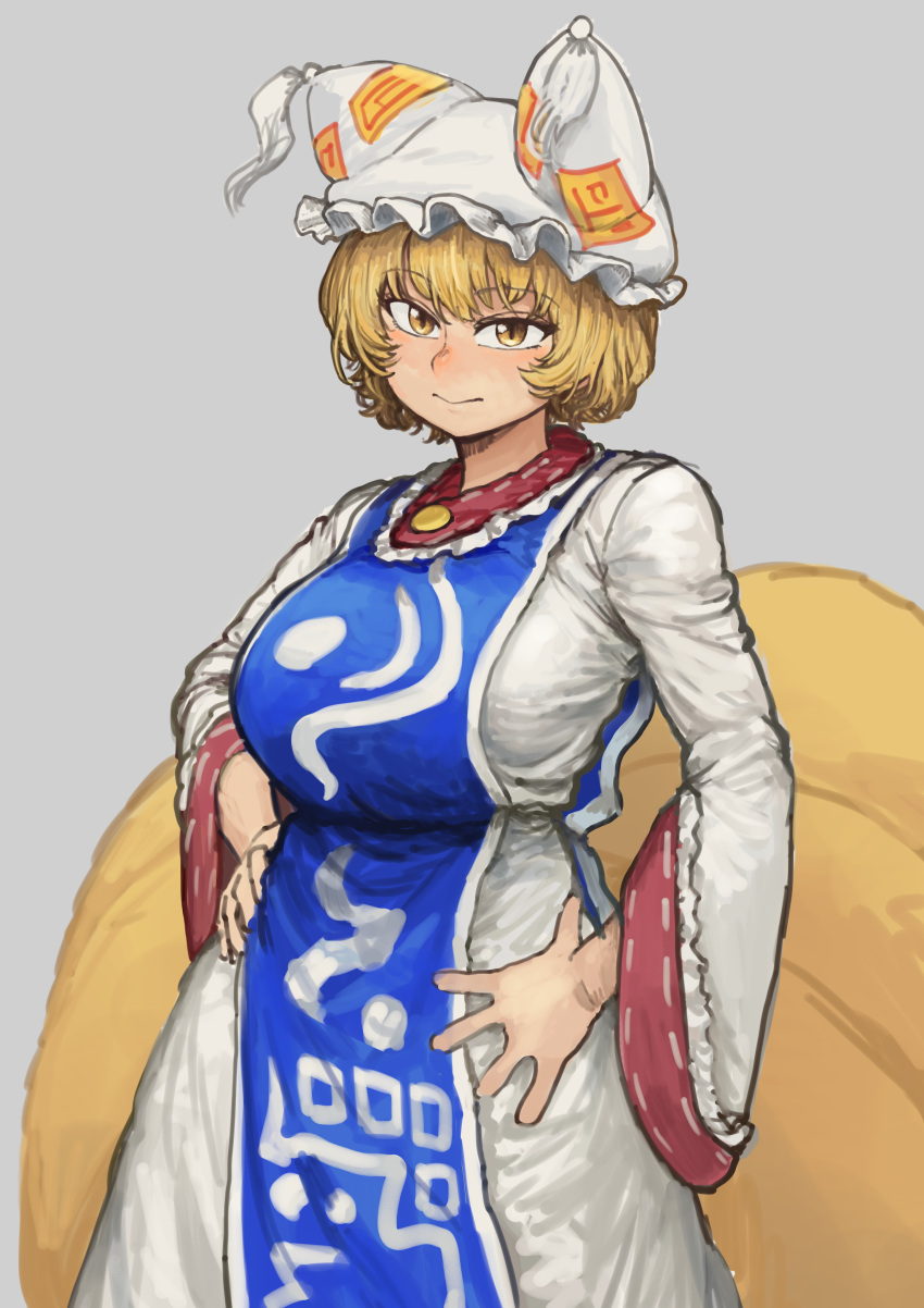 1girl absurdres animal_ears animal_hat blonde_hair blue_tabard breasts chanta_(ayatakaoisii) dress expressionless facing_viewer fox_ears fox_tail grey_background hands_on_own_hips hat highres huge_breasts kitsune medium_hair multiple_tails simple_background solo tabard tail touhou white_dress yakumo_ran yellow_eyes