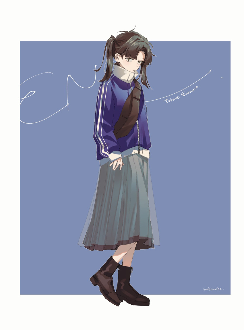 1girl alternate_costume artist_name black_footwear black_hair blue_background blue_jacket blunt_bangs boots border character_name closed_mouth collared_jacket commentary_request curtained_hair enomoto_takane expressionless fanny_pack full_body grey_eyes grey_skirt highres jacket kagerou_project long_skirt long_sleeves looking_at_viewer medium_hair mokemoke_chan multicolored_clothes multicolored_jacket outside_border pleated_skirt popped_collar see-through see-through_skirt skirt sleeves_past_wrists solo standing striped striped_jacket track_jacket twintails two-tone_jacket vertical-striped_jacket vertical_stripes white_border white_jacket white_stripes zipper