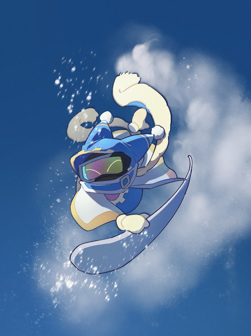 1boy aluuuuu721 blue_sky closed_eyes commentary_request disembodied_limb gloves goggles highres kirby_(series) magolor male_focus pom_pom_(clothes) scarf sky snowboard snowboarding solo