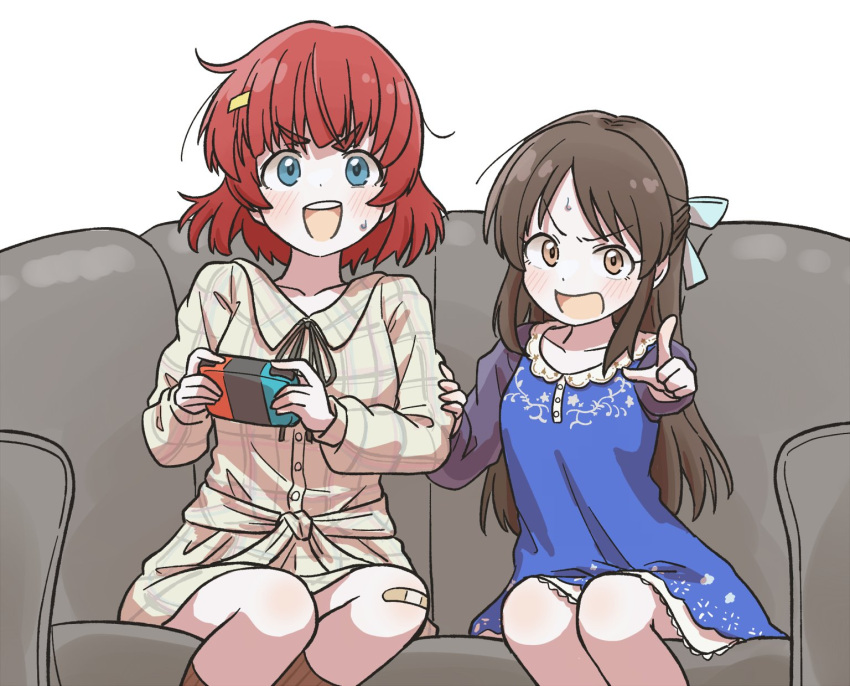 2girls anzai_miyako bandaid bandaid_on_knee bandaid_on_leg blue_bow blue_dress blue_eyes bow brown_dress brown_eyes brown_hair checkered_clothes checkered_dress commentary controller couch dress flat_chest game_controller hair_bow hair_ornament hairclip hand_up highres holding holding_controller holding_game_controller idolmaster idolmaster_cinderella_girls long_hair long_sleeves looking_at_viewer medium_hair multiple_girls open_mouth playing_games pointing pointing_at_viewer print_dress red_hair sault93726525 sidelocks sitting smile sweat symbol-only_commentary tachibana_arisu teeth thick_eyebrows upper_teeth_only v-shaped_eyebrows white_background