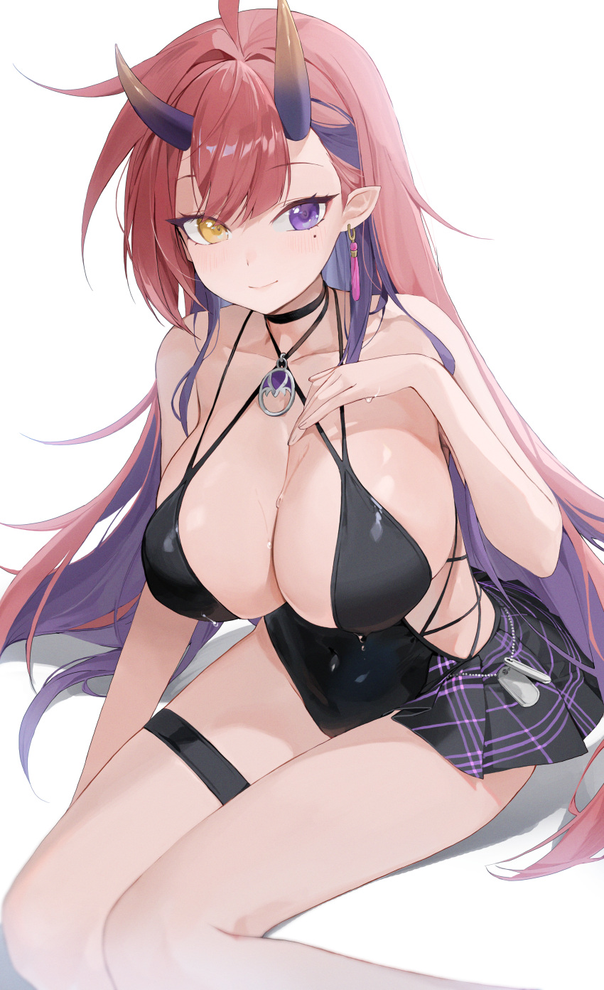 1girl absurdres ahoge bare_arms bare_shoulders black_choker black_dress breasts choker choyeon cleavage closed_mouth criss-cross_halter dress earrings halter_dress halterneck hand_on_own_chest hand_up heterochromia highres horns jewelry kurenai_natsuki_(vtuber) large_breasts long_hair looking_at_viewer mole mole_under_eye multi-strapped_dress multicolored_hair multiple_straps no_bra oni_horns pink_hair pointy_ears purple_eyes purple_hair showgirl_skirt sideless_outfit sitting skindentation sleeveless sleeveless_dress smile solo spaghetti_strap stardays sweat thigh_strap thighs two-tone_hair very_long_hair virtual_youtuber yellow_eyes