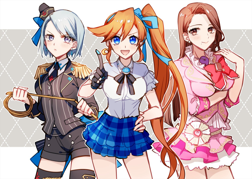 3girls :d ace_attorney alternate_costume argyle argyle_background athena_cykes back_bow belt black_gloves black_headwear black_jacket black_necktie black_ribbon black_shorts blue_bow blue_eyes blue_hair blue_hairband blue_ribbon bow brown_eyes brown_hair buttons closed_mouth collared_shirt cosplay cowboy_shot crescent crescent_earrings cropped_jacket crossed_arms earrings epaulettes franziska_von_karma frilled_shirt frilled_skirt frilled_sleeves frills gloves grey_background hair_ribbon hairband hand_on_own_hip hand_up hands_up hat hat_bow headwear_request highres holding holding_whip jacket jewelry lapels letterboxed long_hair long_sleeves looking_at_viewer magatama magatama_necklace mia_fey minami_mirei minami_mirei_(cosplay) mini_hat miniskirt mole mole_under_eye mole_under_mouth multiple_girls neck_ribbon necklace necktie orange_hair partially_fingerless_gloves pink_jacket pink_skirt plaid plaid_skirt pointing pointing_up pretty_(series) print_necktie pripara purple_eyes red_bow ribbon sano_(merrymerry) shirt shirt_tucked_in short_hair short_sleeves shorts side_ponytail sidelocks single_earring single_glove skirt sleeve_cuffs smile straight_hair striped striped_vest swept_bangs v-shaped_eyebrows vertical-striped_vest vertical_stripes very_long_hair vest white_shirt