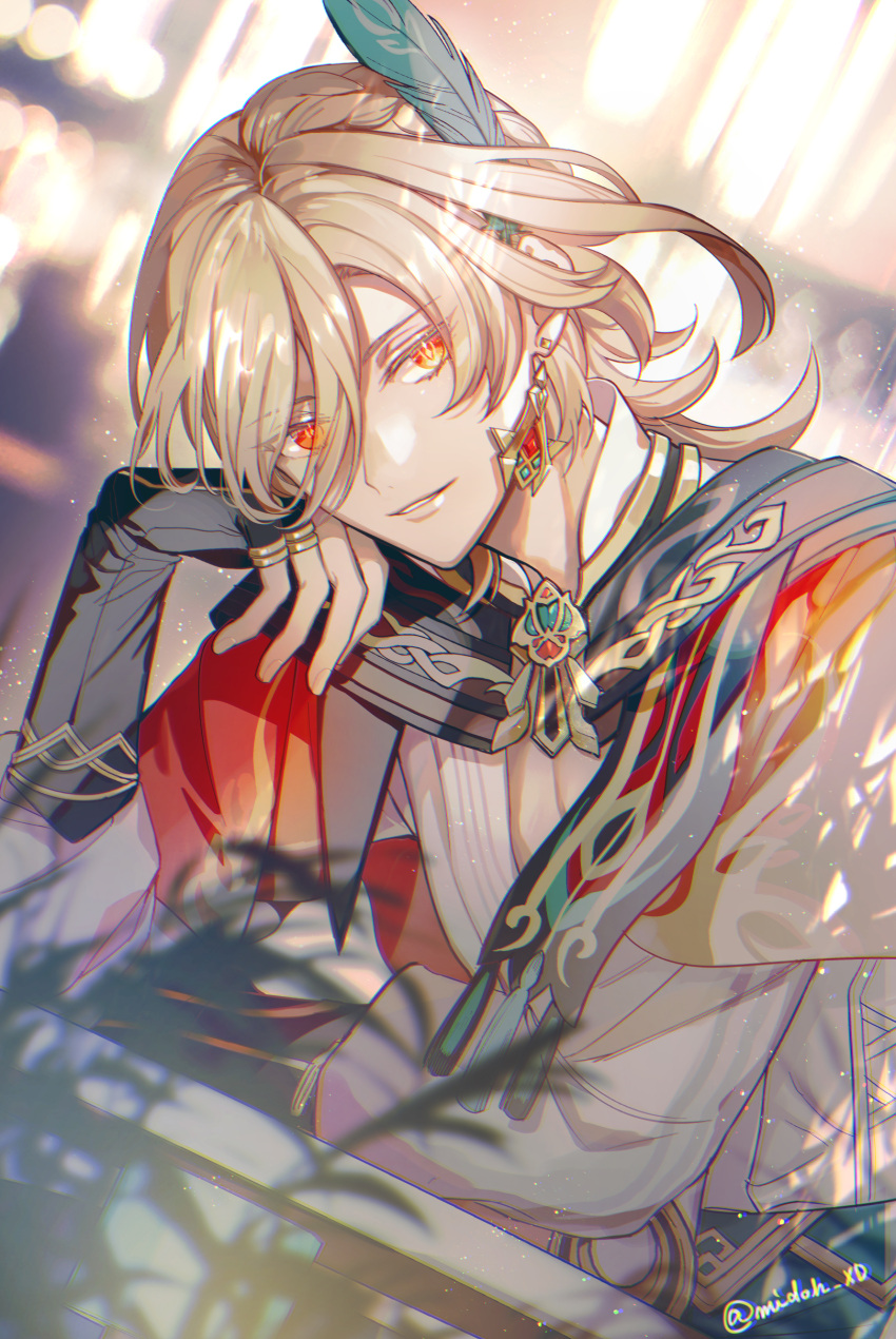 1boy absurdres blonde_hair blue_feathers brown_hair cape earrings feather_hair_ornament feathers genshin_impact hair_ornament head_rest highres jewelry kaveh_(genshin_impact) long_sleeves looking_at_viewer male_focus medium_hair midoh_xd multicolored_hair orange_eyes red_cape ring shirt smile solo teeth white_shirt