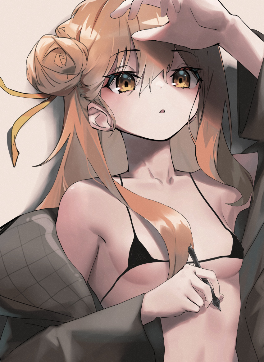 1girl :o absurdres arm_up bikini black_bikini black_survival breasts brown_eyes brown_hair brown_jacket collarbone eternal_return:_black_survival hair_bun hair_ribbon highres holding jacket long_hair looking_at_viewer micro_bikini off_shoulder parted_lips pen ribbon shading_eyes simple_background single_side_bun small_breasts solo string_bikini swimsuit tia_(black_survival) vadasory