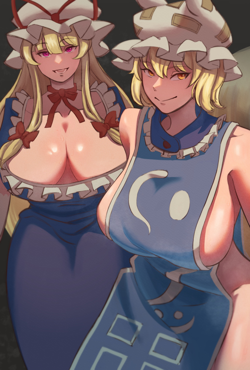 2girls blonde_hair blue_tabard bow breasts cleavage closed_mouth collarbone dress fox_tail frills hair_between_eyes hair_bow hat hat_ribbon highres large_breasts long_hair looking_at_viewer mob_cap multiple_girls multiple_hair_bows naked_tabard neck_ribbon odessa open_mouth orange_eyes purple_dress purple_eyes ribbon short_hair sideboob simple_background smile tabard tail touhou very_long_hair white_headwear yakumo_ran yakumo_yukari