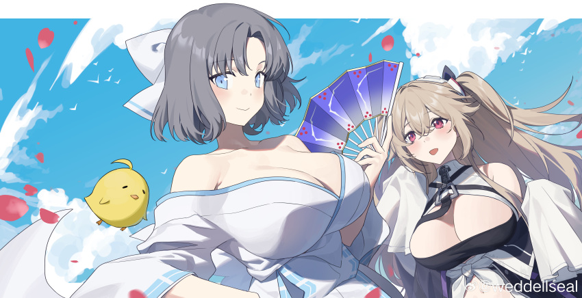 absurdres airseal anchorage_(azur_lane) azur_lane bare_shoulders bird black_ribbon blue_eyes blue_sky bow breasts chick cleavage cloud cloudy_sky grey_hair hair_between_eyes hair_bow hair_ribbon hand_fan highres holding holding_fan japanese_clothes kimono large_breasts light_brown_hair long_hair long_sleeves looking_at_viewer manjuu_(azur_lane) outdoors parted_bangs red_eyes ribbon senran_kagura short_hair sky sleeves_past_fingers sleeves_past_wrists smile two_side_up upper_body white_bow white_kimono wide_sleeves yumi_(senran_kagura)