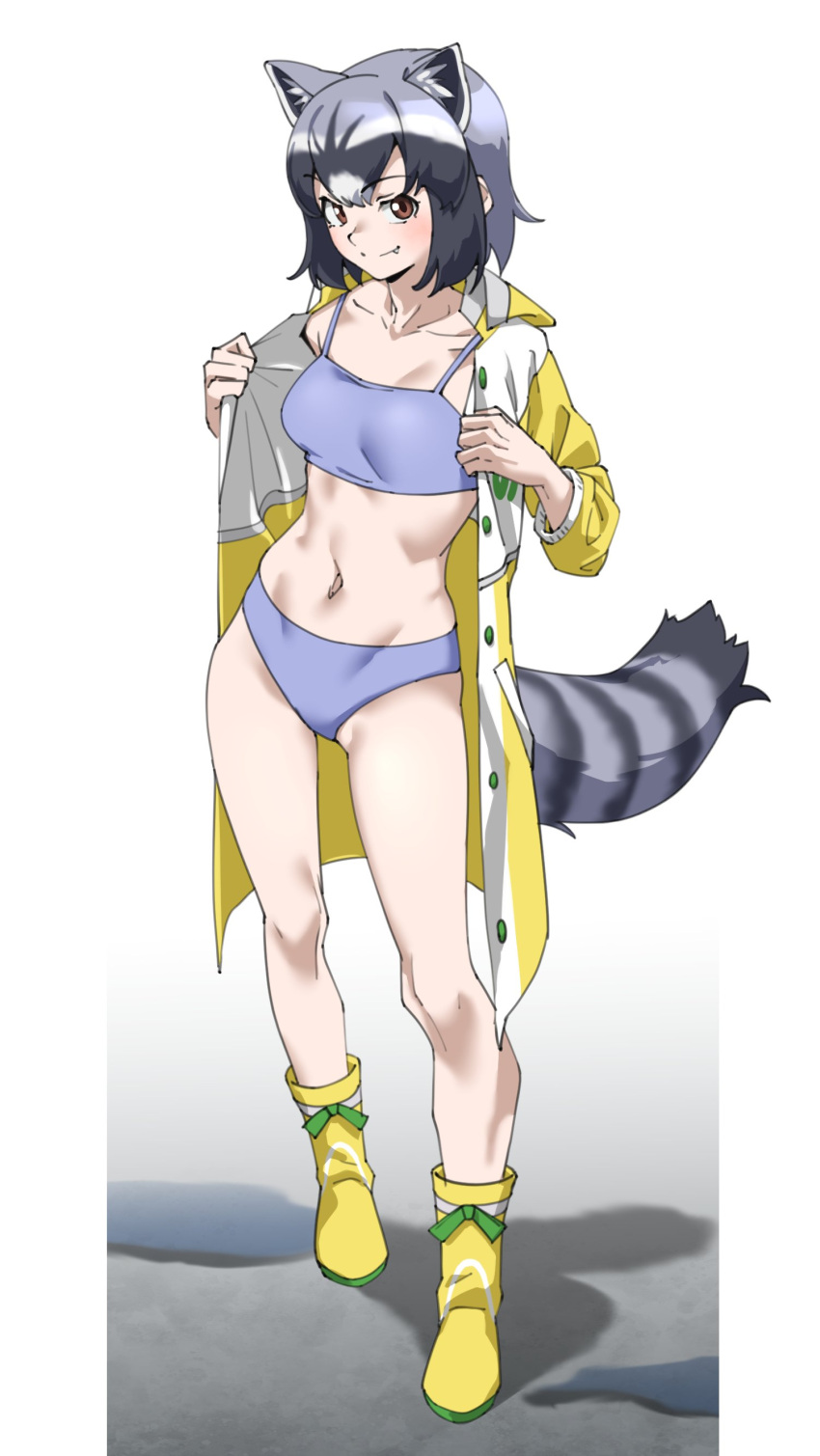 1girl absurdres animal_ear_fluff animal_ears black_hair blue_footwear boots breasts brown_eyes collarbone commentary common_raccoon_(kemono_friends) extra_ears fang fang_out full_body grey_hair hair_between_eyes highres kemono_friends looking_at_viewer midriff navel open_clothes raccoon_ears raccoon_girl raccoon_tail short_hair simple_background small_breasts smile solo split_mouth standing striped_tail tail tail_through_clothes tanabe_(fueisei) toned white_background