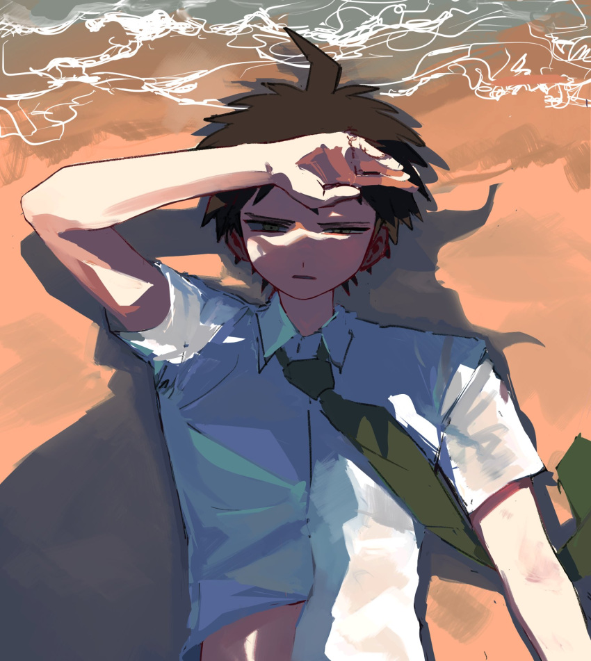 1boy ahoge brown_eyes danganronpa_(series) danganronpa_2:_goodbye_despair green_necktie hand_on_own_forehead highres hinata_hajime komaeda_nagito lying necktie on_back open_mouth sand sg_(sallgam) shadow shirt short_sleeves solo upper_body water white_shirt