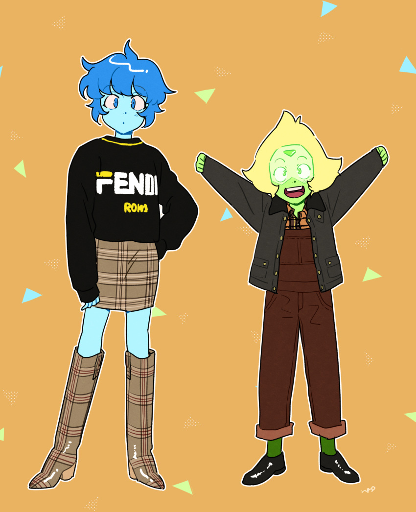 2girls :d alternate_costume black_footwear black_sweater blonde_hair blue_eyes blue_hair blue_skin boots brown_overalls colored_skin fashion fendi_(brand) forehead_jewel full_body green_skin grey_jacket highres jacket lapis_lazuli_(steven_universe) long_sleeves looking_at_viewer multiple_girls nano8 open_clothes open_jacket orange_background overalls peridot_(steven_universe) plaid plaid_footwear plaid_skirt short_hair skirt smile steven_universe sweater