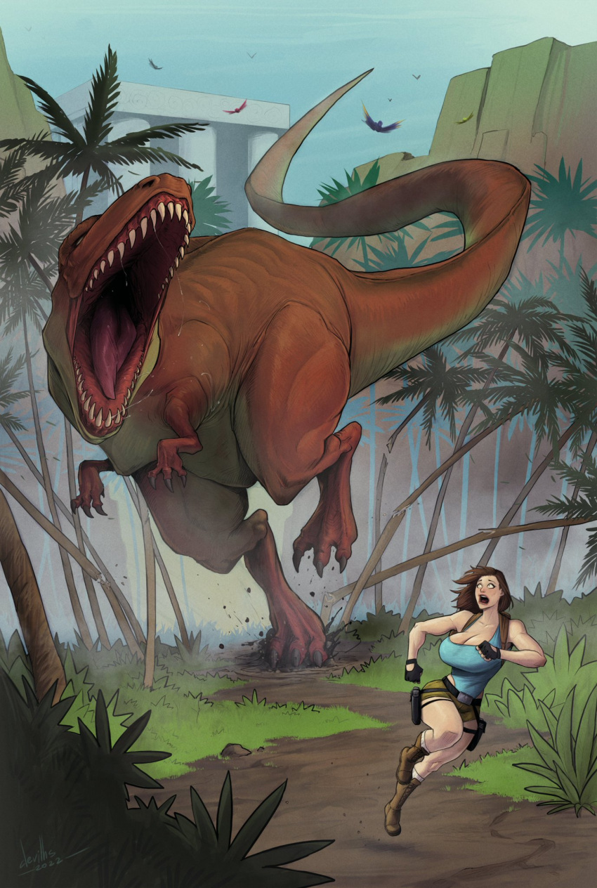 ambiguous_gender big_breasts bodily_fluids breasts chasing devil_hs dinosaur drooling duo female feral grass hi_res human lara_croft larger_feral mammal muscular muscular_feral open_mouth paws plant reptile running saliva saliva_string scalie size_difference stomping tail teeth temple theropod thick_thighs tomb_raider tree tyrannosaurid tyrannosaurus tyrannosaurus_rex