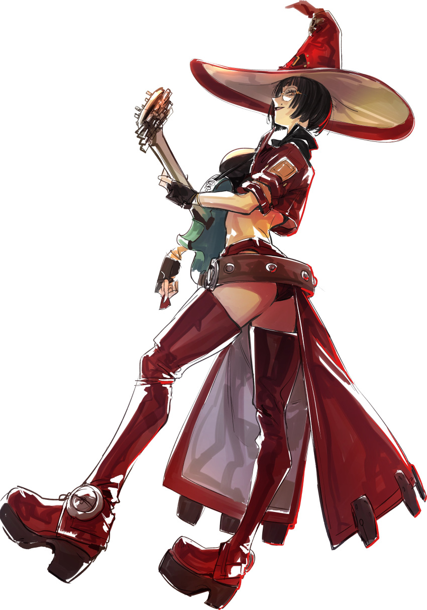 1girl absurdres black_gloves black_hair boots breasts cleavage electric_guitar fingerless_gloves full_body gloves guilty_gear guilty_gear_strive guitar hat highres holding holding_plectrum i-no ikuhana_niiro instrument large_breasts looking_at_viewer medium_hair mole mole_above_mouth plectrum red_footwear red_headwear red_leather red_lips simple_background smile standing thigh_boots tinted_eyewear white_background witch_hat