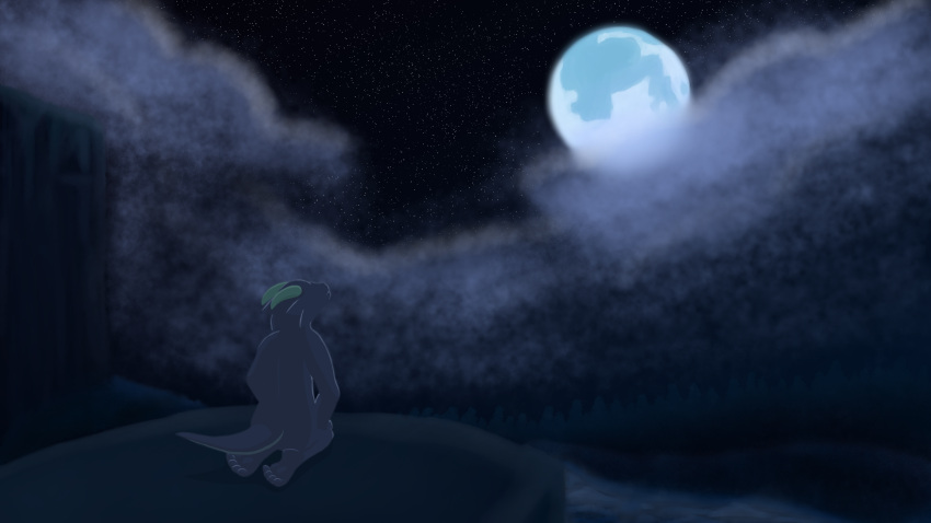 16:9 2019 absurd_res ambiguous_gender anthro blue_body blue_scales cloud digital_media_(artwork) feet fluffybuck forest forest_background full_moon hi_res horn kneeling kobold lizard looking_up moon nature nature_background night outside plant reptile scales scalie sky soles solo star stargazing starry_sky tree widescreen