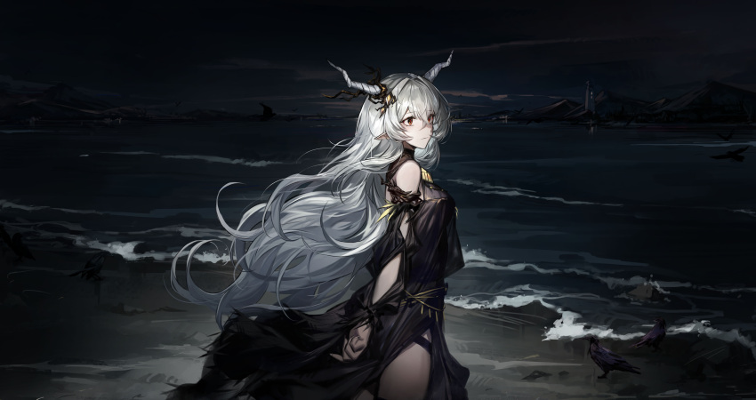1girl absurdres arknights bare_shoulders black_dress commentary_request cowboy_shot dress highres horns long_hair official_alternate_costume pointy_ears qingfeng_canying shining_(arknights) shining_(silent_night)_(arknights) solo standing very_long_hair water white_hair