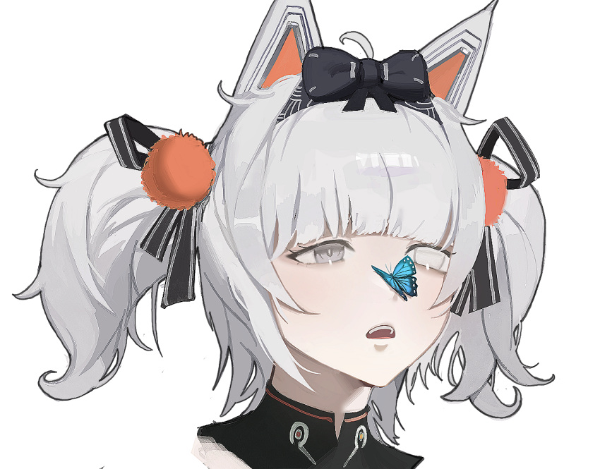 1girl animal_ears black_bow black_hairband black_ribbon blank_eyes blue_butterfly blunt_bangs bow bow_hairband bug butterfly butterfly_on_nose cropped_head fake_animal_ears grey_eyes hair_ornament hair_ribbon hairband heterochromia mechanical_ears mora_(moraippai) no.21:_feral_scent_(punishing:_gray_raven) no.21_(punishing:_gray_raven) open_mouth orange_pom_poms pom_pom_(clothes) pom_pom_hair_ornament portrait punishing:_gray_raven ribbon solo teeth two_side_up upper_teeth_only white_eyes white_hair wolf_ears