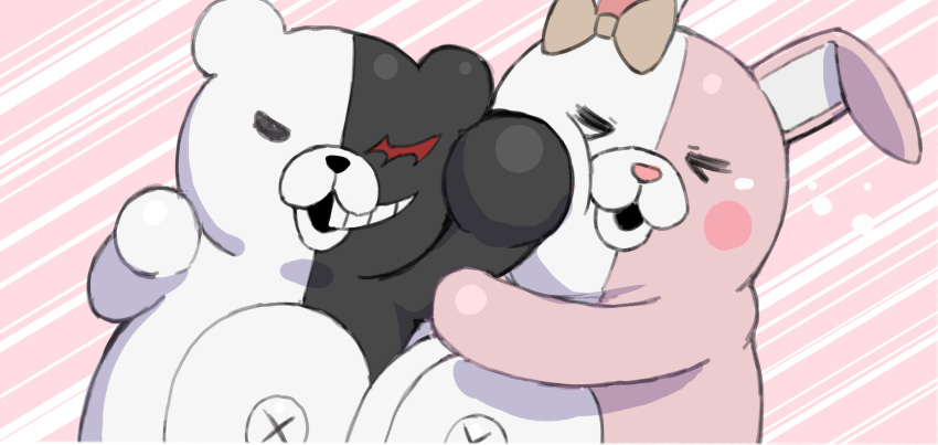 bow danganronpa_(series) danganronpa_2:_goodbye_despair ear_bow face_punch highres in_the_face looking_at_viewer monokuma monomi_(danganronpa) no_humans open_mouth orange_bow pink_background punching ranf teeth upper_body white_background