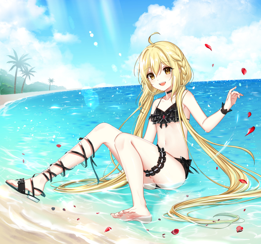 1girl :d ahoge arm_support bare_arms bare_legs bare_shoulders barefoot beach bikini black_bikini black_bow black_choker black_footwear blonde_hair blue_sky bow bow_bikini braid bridal_garter choker closers cloud coconut_tree collarbone falling_petals feet flat_chest frilled_bikini frills full_body gem hand_up highres legs lens_flare long_hair looking_at_viewer low_twintails lucy_(closers) navel ocean official_art on_ground outdoors palm_tree partially_submerged petals petals_on_liquid red_gemstone rose_petals sand sandals shoes side_braid single_sandal single_shoe sitting sky smile solo stomach sunlight swimsuit teeth toes tree twintails upper_teeth_only very_long_hair wet wrist_straps yellow_eyes